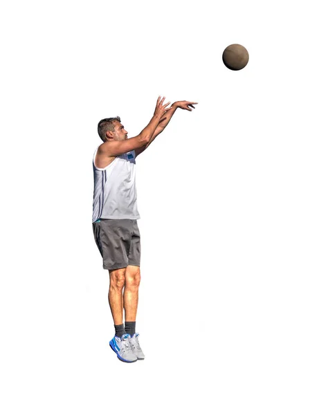 Salto de jugador de baloncesto zurdo tiro vista desde el lado derecho en blanco —  Fotos de Stock