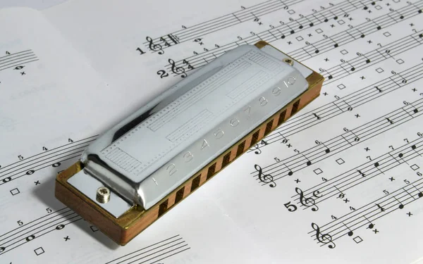 Diatonic harmonica on a staff — 스톡 사진