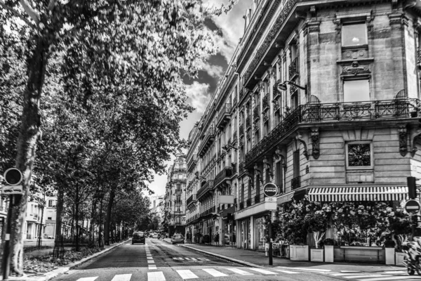 Luxusní budovy a zelené stromy v Paříži v černé a bílé — Stock fotografie