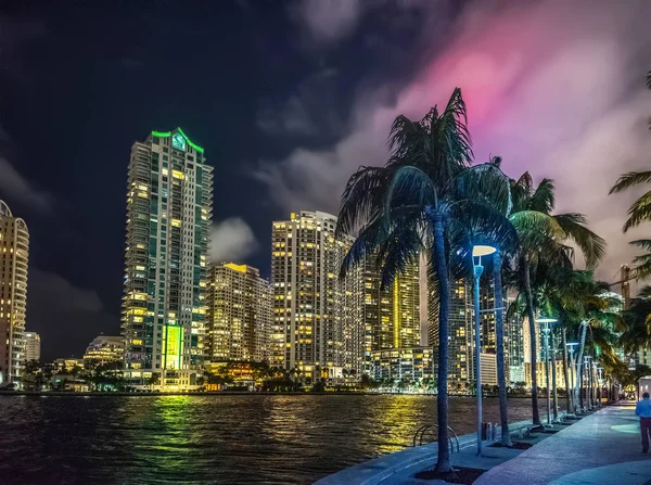 Wolkenkrabbers en palmen in Miami Riverwalk 's nachts — Stockfoto