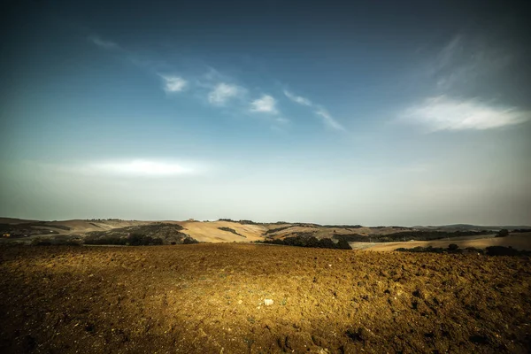 Campo marrom sob um céu claro na Toscana — Fotografia de Stock