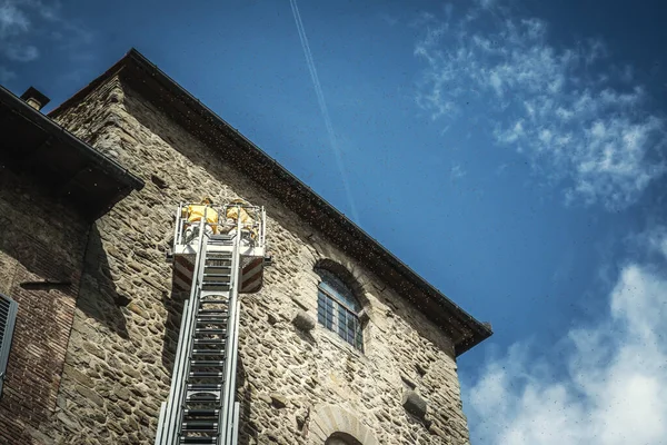 Dois Bombeiros Uma Escada Cercada Por Enorme Enxame Abelhas Itália — Fotografia de Stock