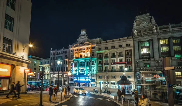 Gran Boulevard Nachts Madrid Spanje — Stockfoto