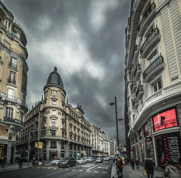 Madrid Spanje Januari 2020 Gran Avenue Onder Een Bewolkte Hemel — Stockfoto