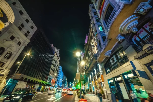Gran Boulevard Centrala Madrid Natten Spanien — Stockfoto