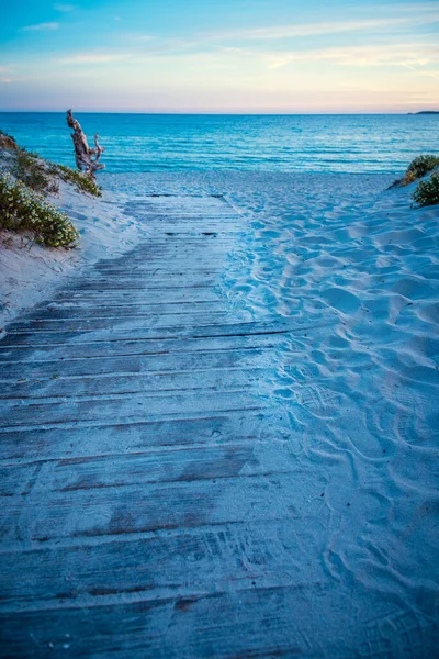 Wooden Boardwalk Maria Pia Beach Sunset Sardinia Italy — Stock Photo, Image