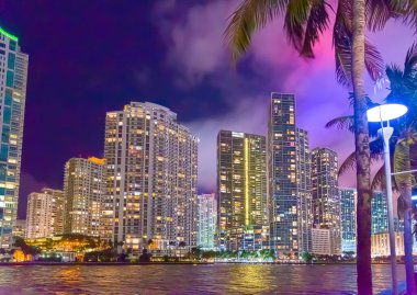 Geceleri Riverwalk Miami 'de palmiyeler ve gökdelenler. Florida, ABD