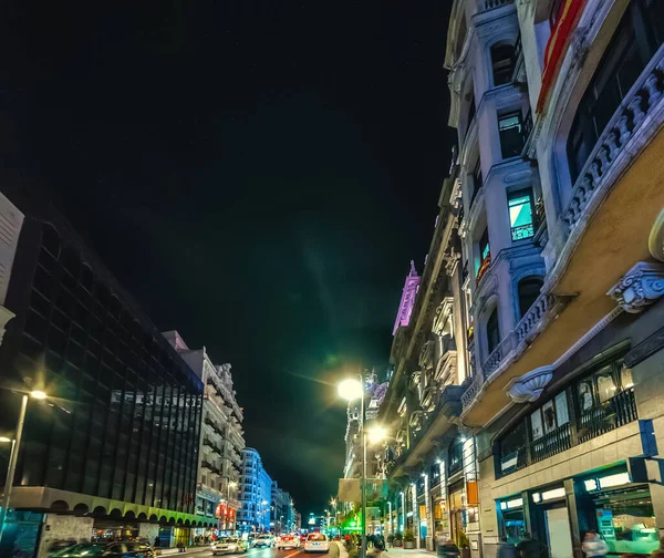 Gran Boulevard Centrala Madrid Natten Spanien — Stockfoto
