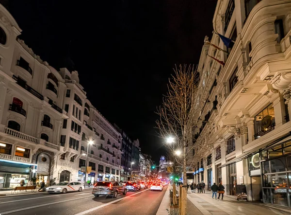 Gran Boulevard Het Centrum Van Madrid Nachts Spanje — Stockfoto