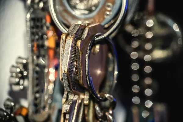 Extreme Close Metal Keys Hanging Wall — Stock Photo, Image