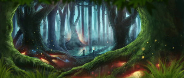 Magic Night Dream Fantasy Forest Illustration rasterized