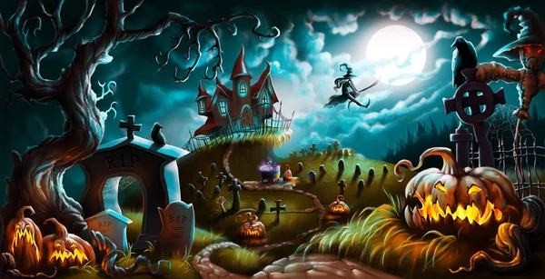 Halloween notte mistero cimitero illustrazione — Foto Stock