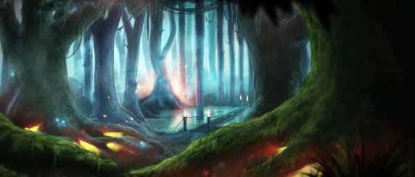 Magic Night Dream Fantasy Forest Illustration Glow Particles Huge Trees Giants rasterized