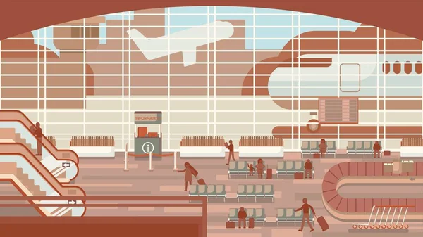 Pessoas de negócios sentadas e caminhando no terminal do aeroporto, conceito de viagem de negócios. Ilustração vetorial de design plano . — Vetor de Stock
