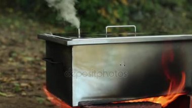 Smokehouse ev yapımı, sıcak füme üzerinde ateş, geleneksel Balık Pişirme, kızılağaç duman