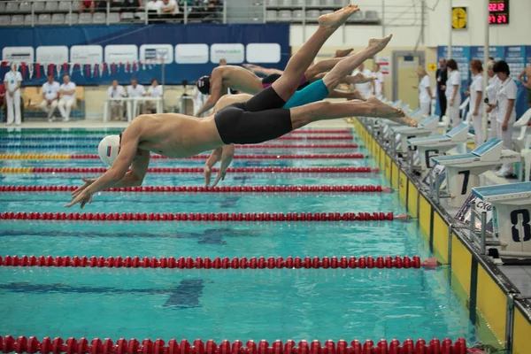 Nadadores se sumergen en la piscina al inicio de la natación — Foto de Stock