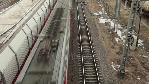 Tren Vagonları Yolcu Elektrikli Tren Çatılar Yukarıdan Görüntülemek — Stok video