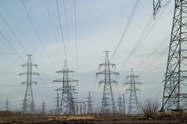 Lot High Voltage Power Lines Horizon — Stock Photo, Image