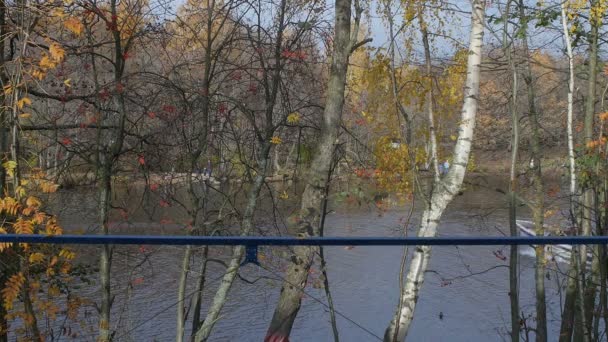Вікно Вид Річку Красивий Осінній Пейзаж Повільний Рух — стокове відео