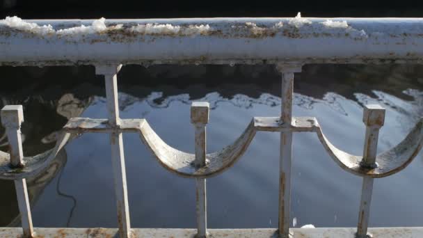 Spring Drops Melting Snow Railing Bridge City Slow Motion — Stock Video