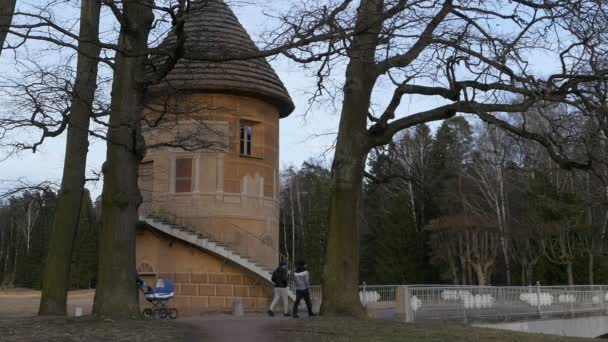 Spaziergänger Wachturm Einem Alten Park Winter Zeitlupe — Stockvideo