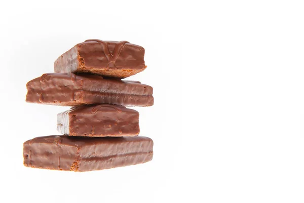 Uma Pilha Barras Chocolate Num Fundo Branco Branco Para Texto — Fotografia de Stock