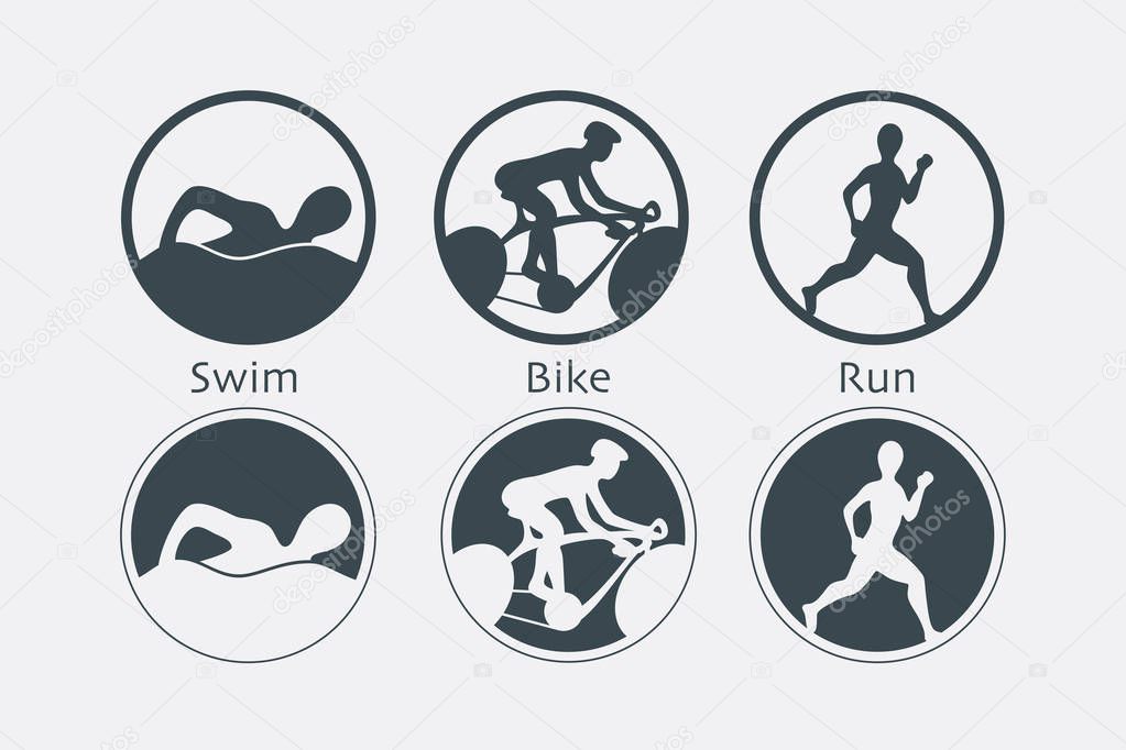 Triathlon graphic symbol. Triathletes are swimming running and cycling in circle icon.