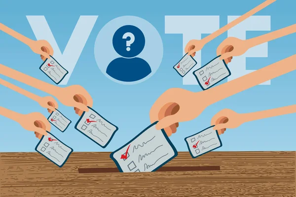 Багато рук, що тримають виборчу картку для концепції голосування . — стоковий вектор