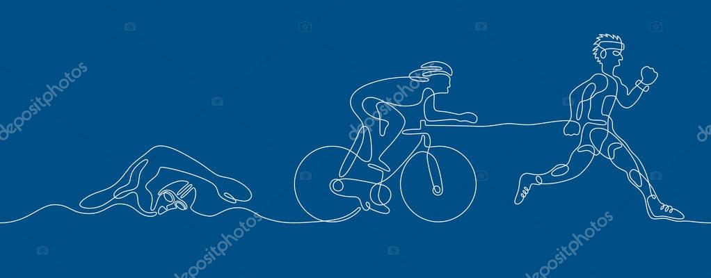 Triathlon graphic using single line to design and form the shape of triathletes are swimming running and cycling.
