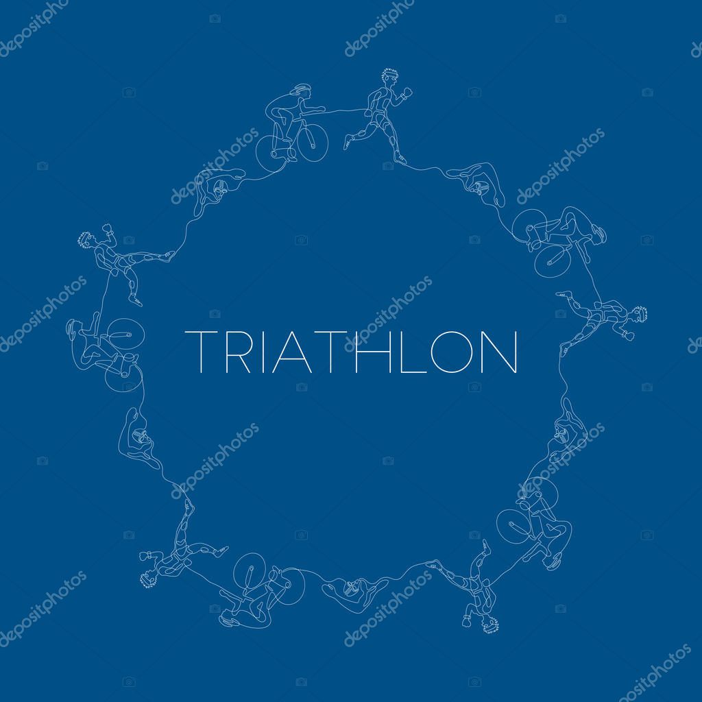 Triathlon graphic using single line to design and form the shape of triathletes are swimming running and cycling.