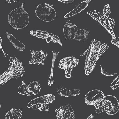 Sebze el siyah arka plan üzerine çekilmiş kümesi ile Seamless Modeli.