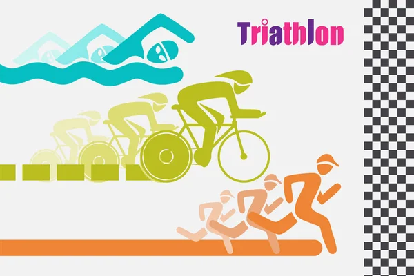 Triathletes είναι κολύμβηση τρέξιμο και ποδηλασία εικονίδιο σε πολύχρωμο αγωνιστικά την γραμμή τερματισμού. — Διανυσματικό Αρχείο