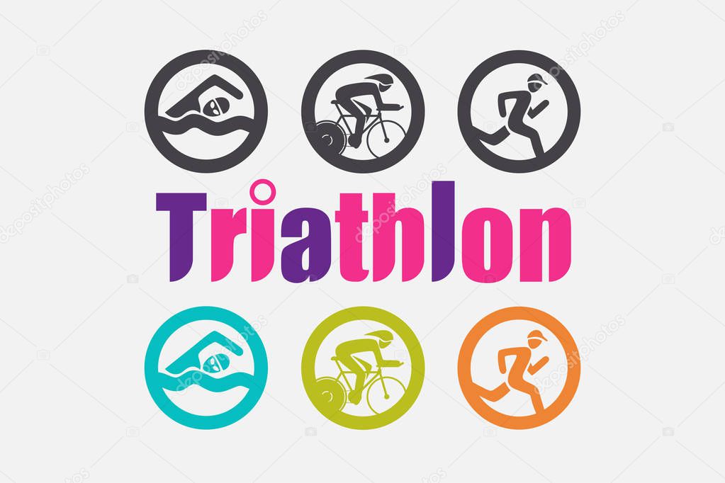 Triathlon graphic symbol. Triathletes are swimming running and cycling icon in colorful and Black and White version.