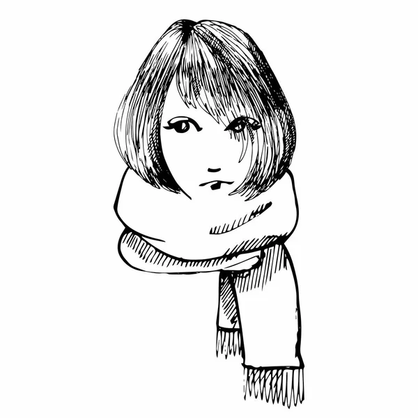 Chica con bufanda. Dibujo manual . — Vector de stock