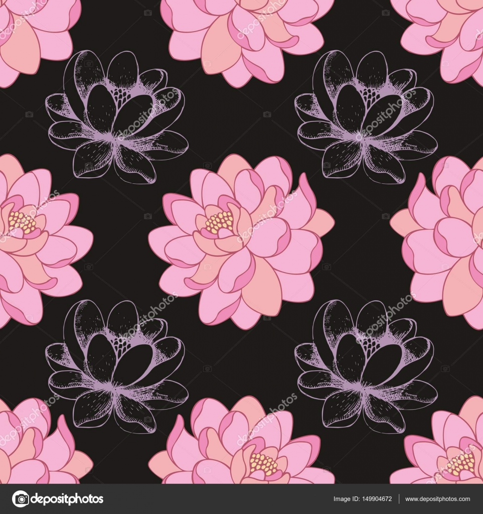 Fiori rosa su sfondo nero in binazione con un disegno a mano Reticolo senza giunte per il disegno della tessile carta da parati copertura