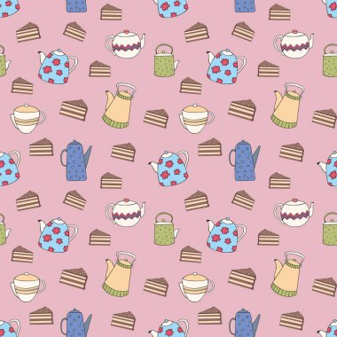 Vektör renkli çaydanlıklar ve kek ile seamless modeli. Tasarım için dekoratif arka plan