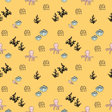 Vektör kesintisiz deniz desen. Bir ahtapot ve mercan sarı bir arka plan üzerinde dekoratif arka plan