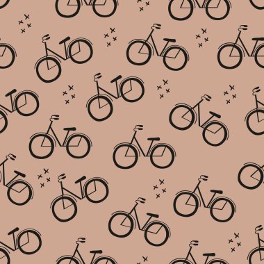 Bisiklet. Vektör kahverengi bir arka plan üzerinde bisiklet ile seamless modeli. Dekoratif arka plan