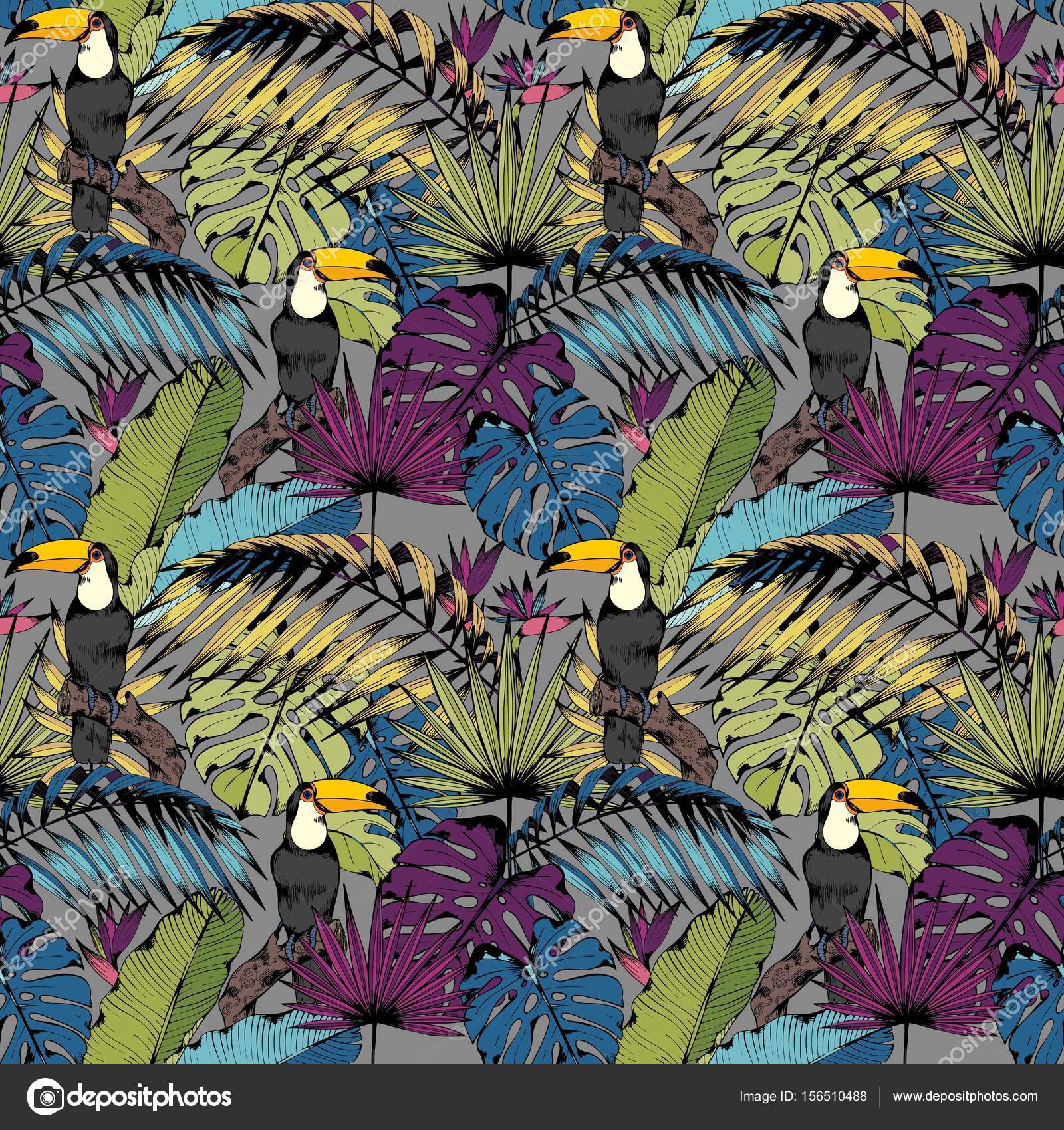 Reticolo senza giunte con tropicali rami foglie e uccelli Disegno a mano Sfondo decorativo per il disegno del tessuto tessuti per la casa abbigliamento