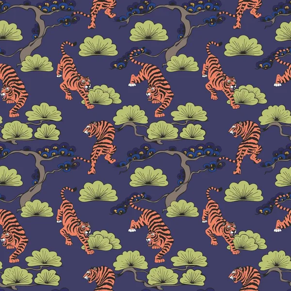 Vector seamless pattern with tigers in Japanese style. Hand drawing. Decorative background for design