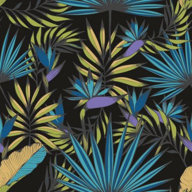 Gece tropics. Vektör Dikişsiz el yapımı desen tasarımı için