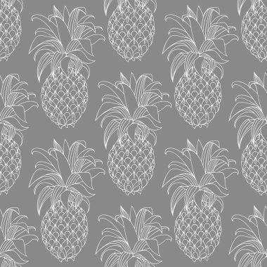 Ananas. Kontur deseni gri bir arka plan üzerinde. Vektör seamless modeli
