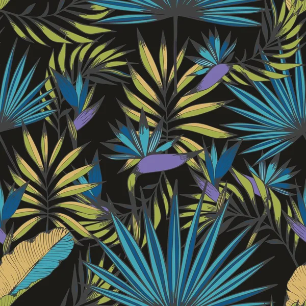 Gece tropics. Vektör Dikişsiz el yapımı desen tasarımı için