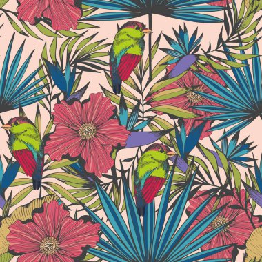 Tropikal kuşlar ve bitkiler. Vektör Dikişsiz el desen yapımı