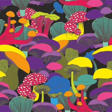 Mantar siyah bir arka plan üzerinde renkli seamless modeli. Dekoratif arka plan