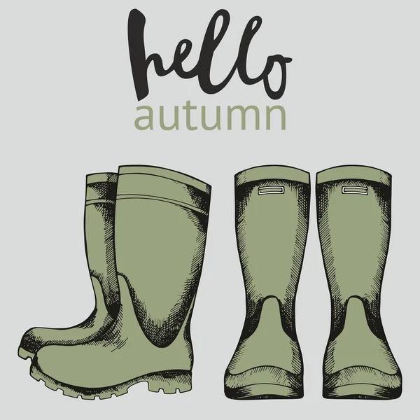 Hallo, Herbst. Vektor-Illustration mit Gummistiefeln. Handzeichnung für Design und Dekoration — Stockvektor