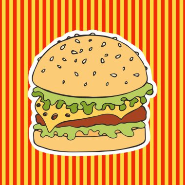 Burger çizgili bir arka plan üzerinde. Vektör çizim. El çizimi
