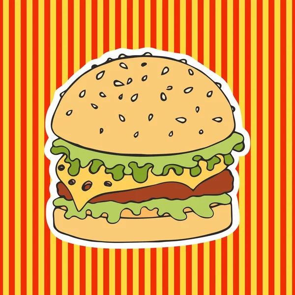 Burger çizgili bir arka plan üzerinde. Vektör çizim. El çizimi