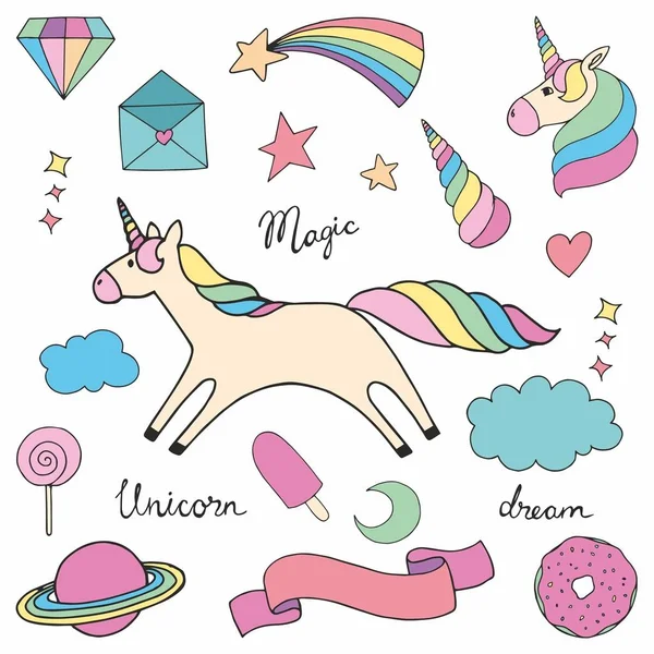 Unicorn. Set dari gambar vektor berwarna-warni untuk desain - Stok Vektor