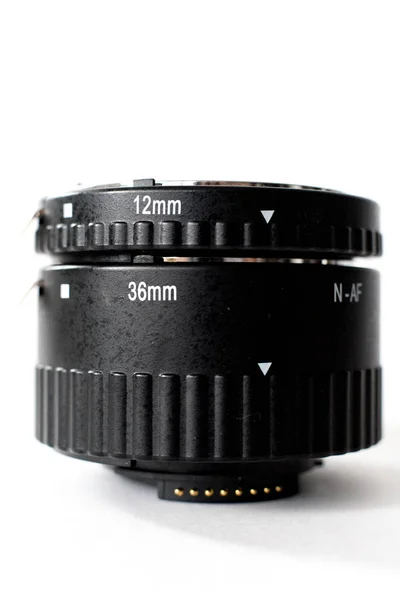 Macro tubos de extensão, macrorings para câmera SLR isolado em fundo branco — Fotografia de Stock